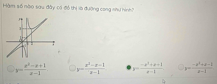 Hàm số nào sau đây có đồ thị là đường cong như hình?
y= (x^2-x+1)/x-1 . y= (x^2-x-1)/x-1 . y= (-x^2+x+1)/x-1 . y= (-x^2+x-1)/x-1 .