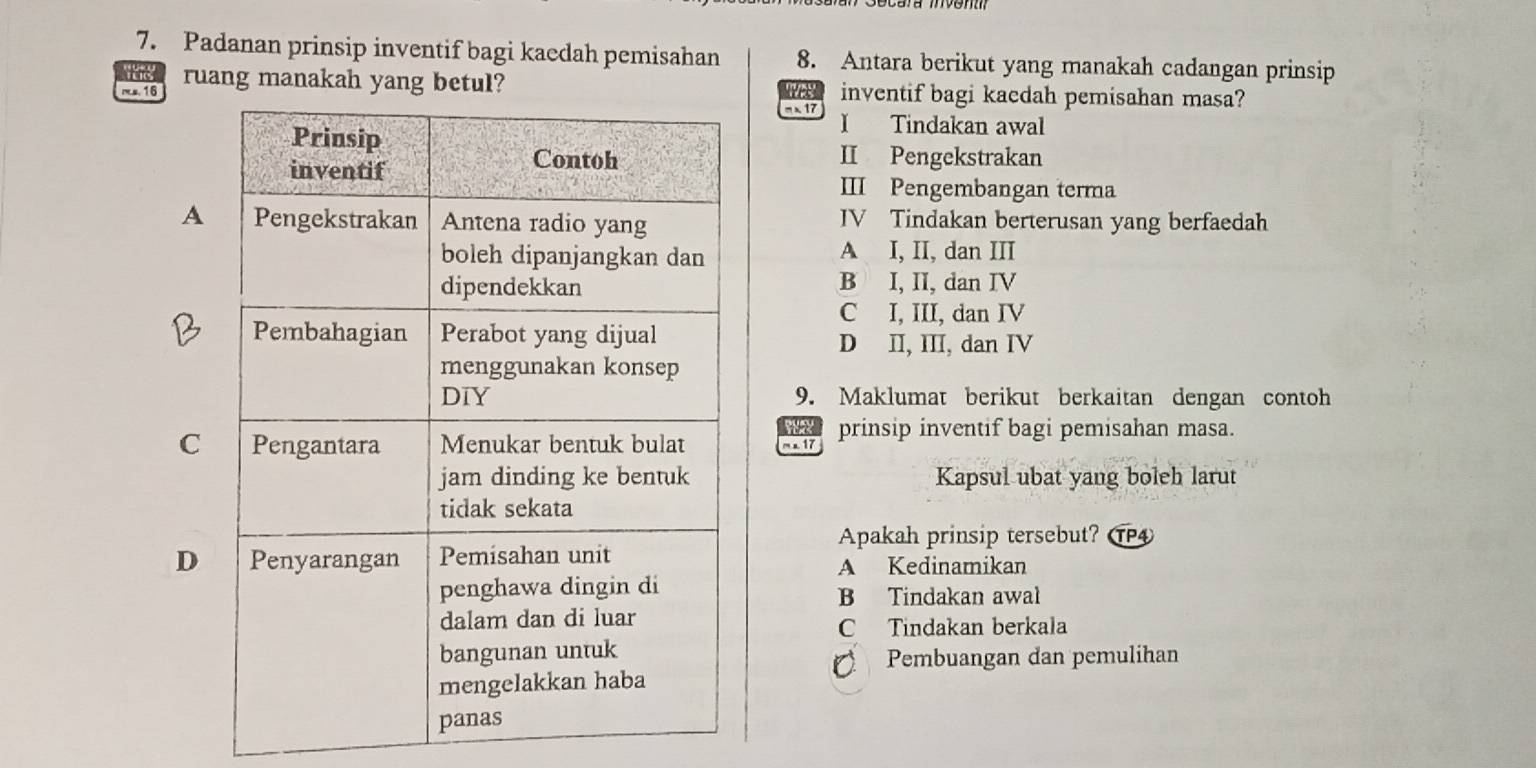 Padanan prinsip inventif bagi kaedah pemisahan 8. Antara berikut yang manakah cadangan prinsip
ms. 16 ruang manakah yang betul?inventif bagi kaedah pemisahan masa?
m x 17 I Tindakan awal
II Pengekstrakan
III Pengembangan terma
A IV Tindakan berterusan yang berfaedah
A I, II, dan III
B I, II, dan IV
C I, III, dan IV
D II, III, dan IV
9. Maklumat berikut berkaitan dengan contoh
Cm a 17 prinsip inventif bagi pemisahan masa.
Kapsul ubat yang boleh larut
Apakah prinsip tersebut? T
D
A Kedinamikan
B Tindakan awal
C Tindakan berkala
Pembuangan dan pemulihan