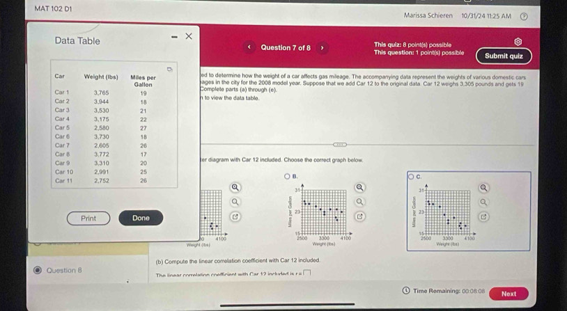 MAT 102 D1 Marissa Schieren 10/31/24 11:25 AM
Data Table Question 7 of 8 This quiz: 8 point(s) possible
This question: 1 point(s) possible Submit quiz
ed to determine how the weight of a car affects gas mileage. The accompanying data represent the weights of various domestic cars
ages in the city for the 2008 model year. Suppose that we add Car 12 to the original data. Car 12 weighs 3,305 pounds and gets 19
Complete parts (a) through (e).
n to view the data table.
ter diagram with Car 12 included. Choose the correct graph below.
B.
C.
31
31
1
23
23
Print Done
:
15
Weight (ibs) 4100 2500 3300 4100 15 2500 Weight (ita) 3300 41b0
Weight (Ibs)
(b) Compute the linear correlation coefficient with Car 12 included.
Question 8 The linear comrelation cnefficiant with Car 12 included is r s
Time Remaining: 00:08:08 Next