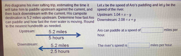 Aro diagrams his river rafting trip, estimating the time it Let x be the speed of Aro's paddling and let y be the 
will take him to paddle upstream against the current, and speed of the river. 
then back downstream with the current. His campsite Upstream: 1.04=x-y
destination is 5.2 miles upstream. Determine how fast Aro 
can paddle and how fast the river water is moving. Round Downstream; 2.08=x+y
to the nearest hundredth as needed. 
Upstream: 5.2 miles Aro can paddle at a speed of □ miles per
5 hours hour. 
Downstream: 5.2 miles The river's speed is □ miles per hour.
2.5 hours