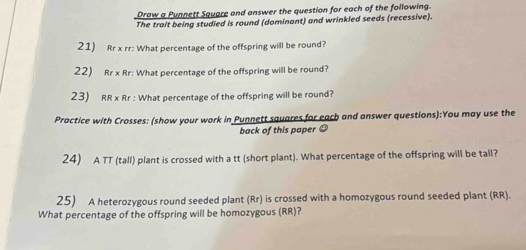 Draw a Punnett Square and answer the question for each of the following. 
The trait being studied is round (dominant) and wrinkled seeds (recessive). 
21) Rr x rr: What percentage of the offspring will be round? 
22) Rr x Rr: What percentage of the offspring will be round? 
23) RR x Rr : What percentage of the offspring will be round? 
Practice with Crosses: (show your work in Punnett squares for each and answer questions):You may use the 
back of this paper ☺ 
24) A TT (tall) plant is crossed with a tt (short plant). What percentage of the offspring will be tall? 
25) A heterozygous round seeded plant (Rr) is crossed with a homozygous round seeded plant (RR). 
What percentage of the offspring will be homozygous (RR)?