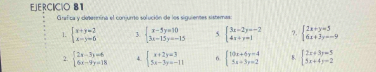 Grafica y determina el conjunto solución de los siguientes sistemas: 
1. beginarrayl x+y=2 x-y=6endarray. 3. beginarrayl x-5y=10 3x-15y=-15endarray. 5. beginarrayl 3x-2y=-2 4x+y=1endarray. 7. beginarrayl 2x+y=5 6x+3y=-9endarray.
2. beginarrayl 2x-3y=6 6x-9y=18endarray. 4. beginarrayl x+2y=3 5x-3y=-11endarray. 6. beginarrayl 10x+6y=4 5x+3y=2endarray. 8. beginarrayl 2x+3y=5 5x+4y=2endarray.