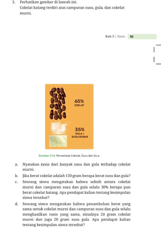 Perhatikan gambar di bawah ini. 
Cokelat batang terdiri atas campuran susu, gula, dan cokelat 
murni. 
Bab 3 | Rasio 95
Gambar 3.14 Persentase Cokelat, Susu dan Gula 
a. Nyatakan rasio dari banyak susu dan gula terhadap cokelat 
murni, 
b. Jika berat cokelat adalah 130 gram berapa berat susu dan gula? 
c. Seorang siswa mengatakan bahwa selisih antara cokelat 
murni dan campuran susu dan gula selalu 30% berapa pun 
berat cokelat batang. Apa pendapat kalian tentang kesimpulan 
siswa tersebut? 
d. Seorang siswa mengatakan bahwa penambahan berat yang 
sama untuk cokelat murni dan campuran susu dan gula selalu 
menghasilkan rasio yang sama, misalnya 20 gram cokelat 
murni dan juga 20 gram susu gula. Apa pendapat kalian 
tentang kesimpulan siswa tersebut?