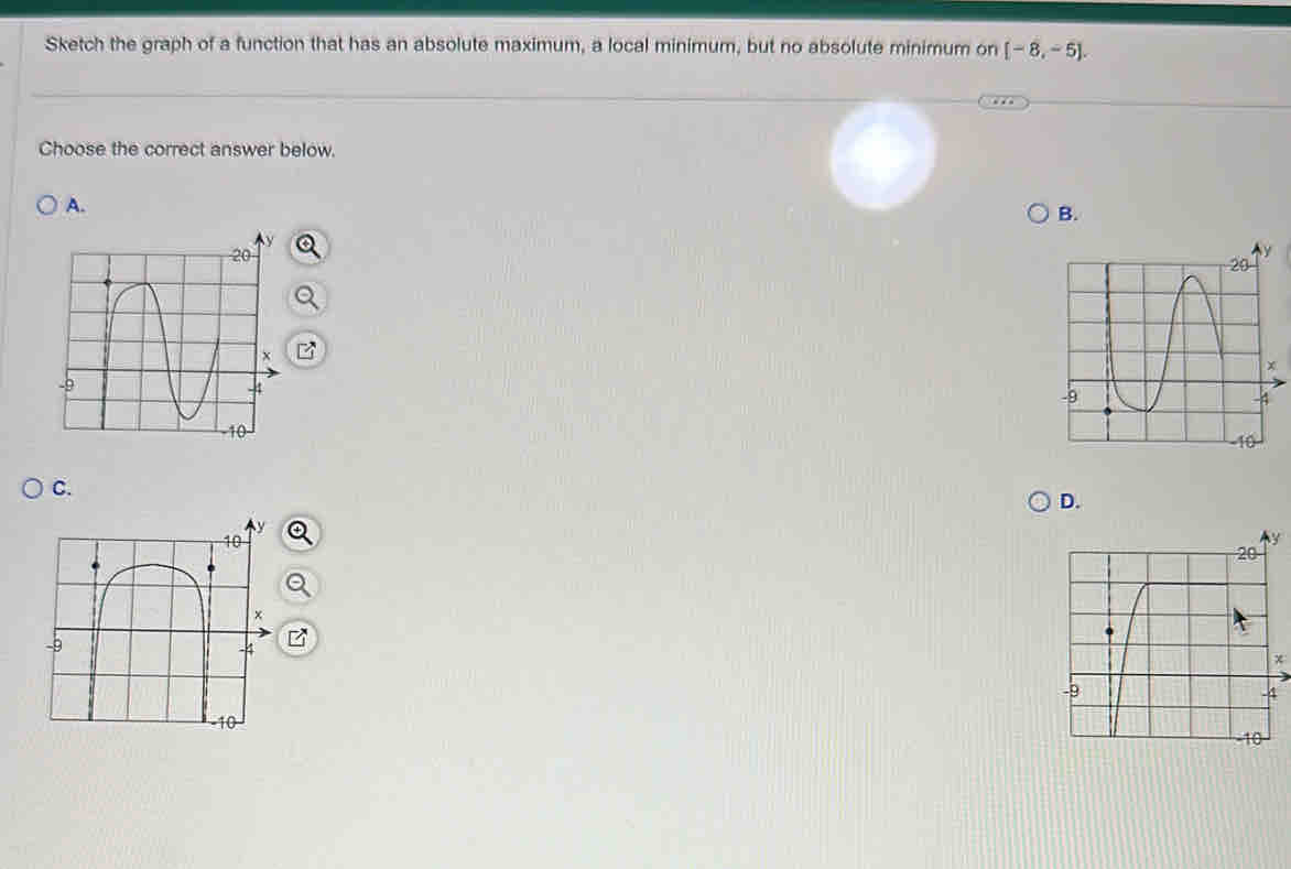 Sketch the graph of a function that has an absolute maximum, a local minimum, but no absolute minimum on [-8,-5]. 
Choose the correct answer below. 
A. 
B. 
C. 
D. 
χ