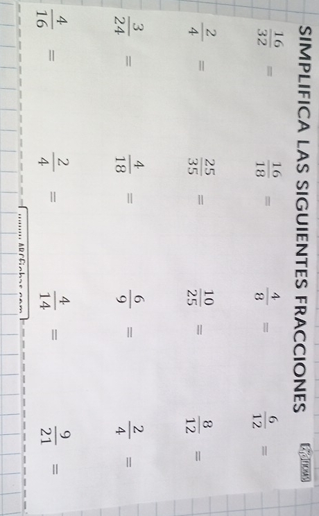 SIMPLIFICA LAS SIGUIENTES FRACCIONES =ECHAS
 16/32 =
 16/18 =
 4/8 =
 6/12 =
 2/4 =
 25/35 =
 10/25 =
 8/12 =
 3/24 =
 4/18 =
 6/9 =
 2/4 =
 4/16 =
 2/4 =  4/14 =
 9/21 =