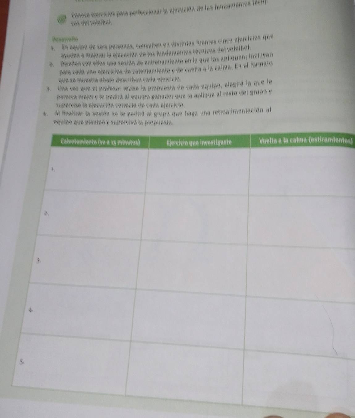 Conoce ejercicios para perfeccionar la ejecución de los fundamentos (écia 
a 
cos del voleíbol. 
Desarrofto 
5.En equipo de seis personas, consulten en distintas fuentes cinco ejercícios que 
ayuden a mejorar la ejecución de los fundamentos técnicos del volelbol. 
2. Diseñen con ellos una sesión de entrenamiento en la que los apliquen; incluyan 
para cada uno ejercicios de calentamiento y de vuelta a la calma. En el formato 
que se muestra abajo describan cada ejercicio. 
3. Una vez que el profesor revise la propuesta de cada equipo, elegirá la que le 
parezca mejor y le pedirá al equipo ganador que la aplique al resto del grupo y 
supervise la ejecución correcta de cada ejercició. 
4. Al finalizar la sesión se le pedira al grupo que haga una retroalimentación al 
ntos)