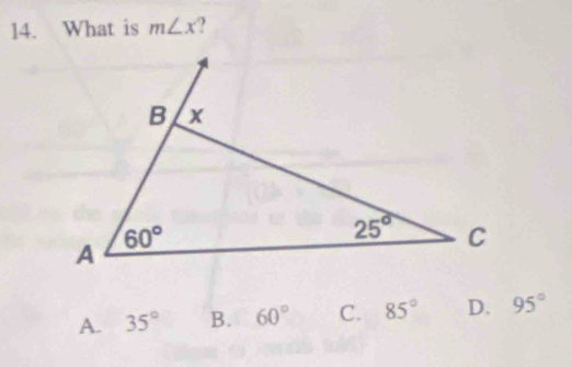 What is m∠ x
A. 35° B. 60° C. 85° D. 95°