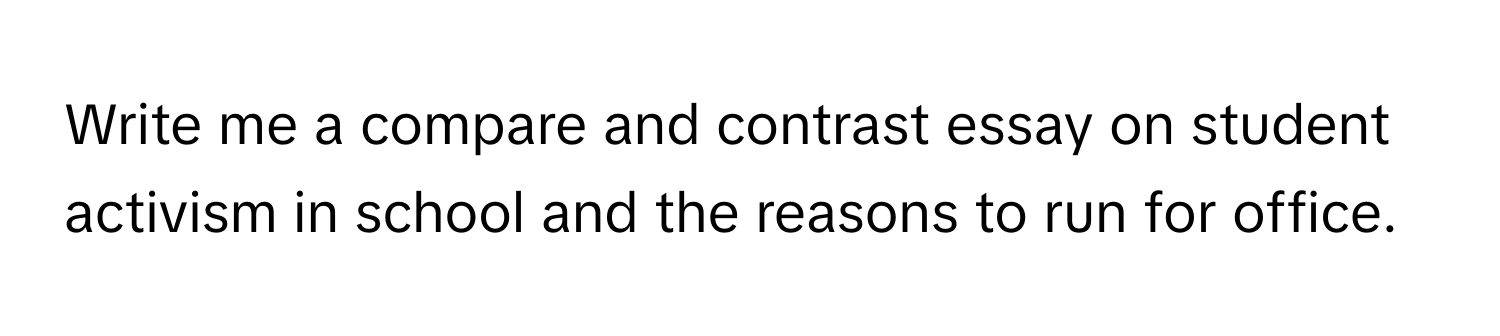 Write me a compare and contrast essay on student activism in school and the reasons to run for office.