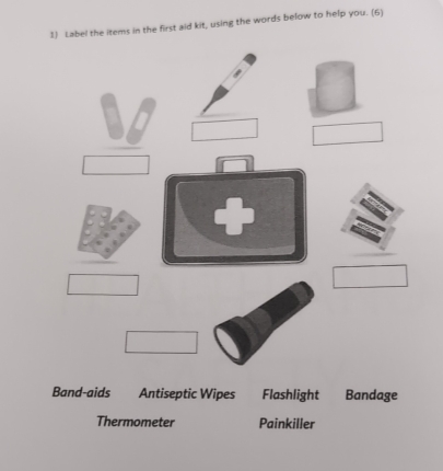 Label the items in the first aid kit, using the words below to help you. (6)
Band-aids Antiseptic Wipes Flashlight Bandage
Thermometer Painkiller