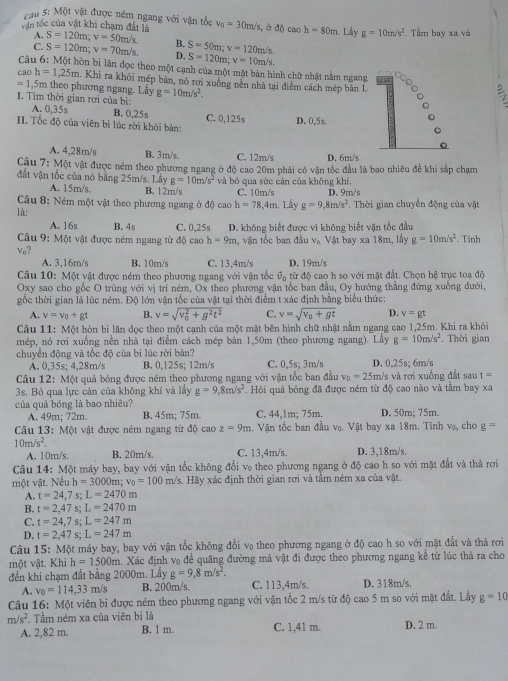 cau 5: Một vật được ném ngang với vận tốc
văn tốc của vật khi chạm đất là v_0=30m/s,bd lô cao h=80m Lầy g=10m/s^2 Tầm bay xa và
A. S=120m;v=50m/s. B. S=50m;v=120m/s.
C. S=120m;v=70m/s. D, S=120m;v=10m/s.
Câu 6: Một hòn bì lãn dọc theo một cạnh của một mặt bản hình chữ nhật nằm ngang
cao h=1,25m. Khi ra khôi mép bàn, nó rơi xuống nền nhà tại điểm cách mép bàn L
=1.5m n theo phương ngang. Lấy g=10m/s^2.
I. Tìm thời gian rơi của bi:
A. 0,35s B. 0,25s
II. Tốc độ của viên bì lúc rời khỏi bản: C. 0,125s D. 0,5s.
A. 4,28m/s B. 3m/s. C. 12m/s D. 6m/s
Câu 7:Mot
đất vận tốc của nó bằng 25m/s. Lây vật được ném theo phương ngang ở độ cao 20m phải có vận tốc đầu là bao nhiêu đề khi sắp chạm
g=10m/s^2
A. 15m/s B. 12m/s và bỏ qua sức cản của không khí. D. 9m/s
C. 10m/s
Câu 8: Ném một vật theo phương ngang ở độ cao h=78,4m. Lấy g=9,8m/s^2.  Thời gian chuyển động của vật
là:
A. 16s B. 4s C. 0,25s
Câu 9:M6 t vật được ném ngang từ độ cao h=9m D. không biết được vì không biết vận tốc đầu
√a? , vận tốc ban đầu V_0 Vật bay xa 18m, lầy g=10m/s^2. Tinh
A. 3,16m/s B. 10m/s C. 13,4m/s D. 19m/s
Câu 10: Một vật được ném theo phương ngang với vận tốc vector v_0 từ độ cao h so với mặt đất. Chọn hệ trục toạ độ
Oxy sao cho gốc O trùng với vị trí ném, Ox theo phương vận tốc ban đầu, Oy hướng thẳng đứng xuống đưới,
gốc thời gian là lúc ném. Độ lớn vận tốc của vật tại thời điểm t xác định bằng biểu thức:
A. v=v_0+gt B. v=sqrt (v_0)^2+g^2t^2 C. v=sqrt(v_0)+gt D. v=gt
Câu 11: Một hòn bi lăn dọc theo một cạnh của một mặt bên hình chữ nhật nằm ngang cao 1,25m. Khi ra khỏi
mép, nó rơi xuống nền nhà tại điểm cách mép bàn 1,50m (theo phương ngang). Lầy g=10m/s^2. Thời gian
chuyển động và tốc độ của bi lúc rời bàn?
A. 0,35s; 4,28m/s B. 0,125s; 12m/s C. 0,5s; 3m/s D. 0,25s; 6m/s
Câu 12: Một quả bóng được ném theo phương ngang với vận tốc ban đầu v_0=25m Vs và rơi xuống đất sau t=
3s. Bỏ qua lực cản của không khí và lấy g=9,8m/s^2. Hỏi quả bóng đã được ném từ độ cao nào và tầm bay xa
của quả bóng là bao nhiêu? D. 50m; 75m.
A. 49m; 72m. B. 45m; 75m C. 44,1m; 75m.
Câu 13: Một vật được ném ngang từ độ cao z=9m a. Vận tốc ban đầu v₀. Vật bay xa 18m. Tinh vẹ, cho g=
10m/s^2.
A. 10m/s. B. 20m/s. C. 13,4m/s. D. 3,18m/s.
Câu 14: Một máy bay, bay với vận tốc không đổi vo theo phương ngang ở độ cao h so với mặt đất và thả rơi
một vật. Nếu h=3000m;v_0=100 m/s. Hãy xác định thời gian rơi và tầm ném xa của vật.
A. t=24,7 s; L=2470m
B. t=2,47 S L=2470m
C. t=24,7 s L=247m
D. t=2,47 c L=247m
Câu 15: Một máy bay, bay với vận tốc không đổi v₀ theo phương ngang ở độ cao h so với mặt đất và thả rơi
một vật. Khi h=1500n m. Xác định vợ để quãng đường mà vật đi được theo phương ngang kể từ lúc thả ra cho
đến khi chạm đất bằng 2000m. Lấy g=9,8m/s^2. D. 318m/s.
A. v_0=114,33m/s B. 200m/s. C. 113,4m/s.
Câu 16: Một viên bi được ném theo phương ngang với vận tốc 2 m/s từ độ cao 5 m so với mặt đất. Lấy g=10
m/s^2. Tầm ném xa của viên bị là D. 2 m.
A. 2,82 m. B. 1 m. C. 1,41 m.