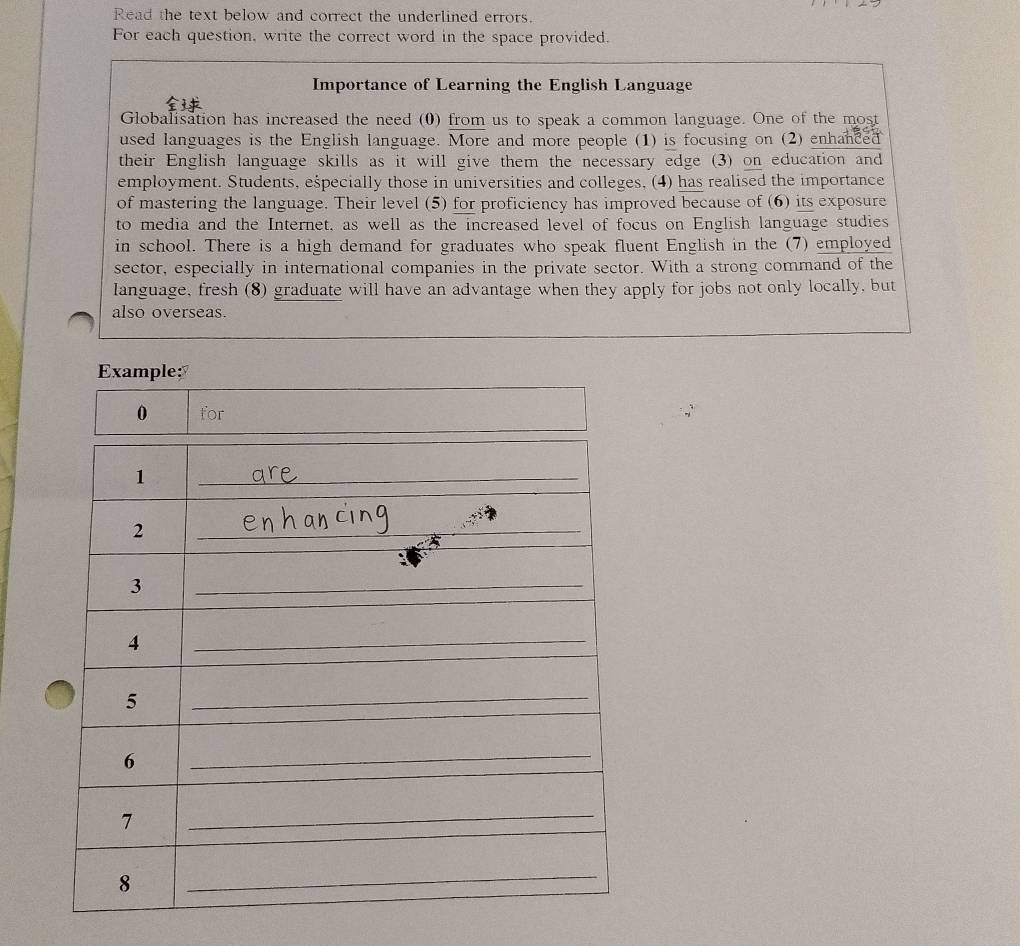 Read the text below and correct the underlined errors. 
For each question, write the correct word in the space provided. 
Importance of Learning the English Language 
Globalisation has increased the need (0) from us to speak a common language. One of the most 
used languages is the English language. More and more people (1) is focusing on (2) enhanced 
their English language skills as it will give them the necessary edge (3) on education and 
employment. Students, especially those in universities and colleges, (4) has realised the importance 
of mastering the language. Their level (5) for proficiency has improved because of (6) its exposure 
to media and the Internet, as well as the increased level of focus on English language studies 
in school. There is a high demand for graduates who speak fluent English in the (7) employed 
sector, especially in international companies in the private sector. With a strong command of the 
language, fresh (8) graduate will have an advantage when they apply for jobs not only locally, but 
also overseas. 
Example: