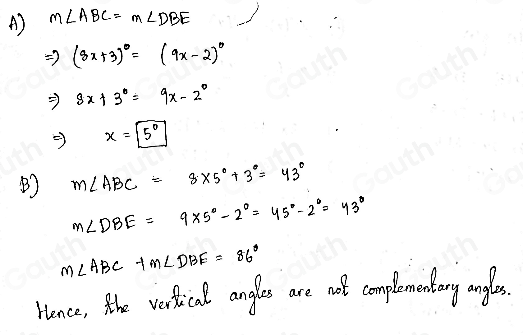 Solved: Angles ABC and DBE are vertical angles where m∠ ABC=(8x+3)^circ ...