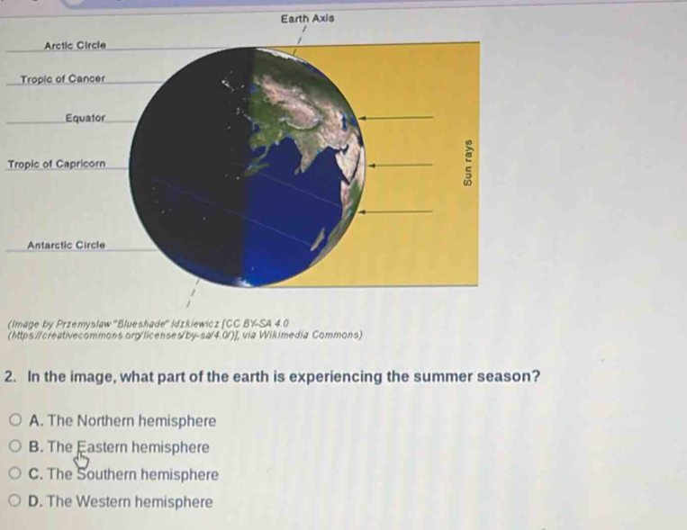 Earth Axis
Tropic of Capricorn
(I
(https://creativecommons.org/licenses/by-sa/4.0/)], via Wikimedia Commons)
2. In the image, what part of the earth is experiencing the summer season?
A. The Northern hemisphere
B. The Eastern hemisphere
C. The Southern hemisphere
D. The Western hemisphere