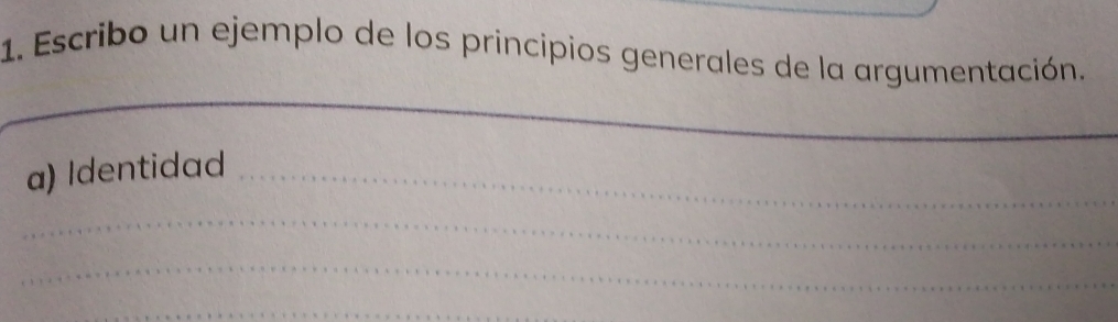 Escribo un ejemplo de los principios generales de la argumentación. 
_ 
_ 
_ 
a) Identidad_ 
_ 
_ 
_