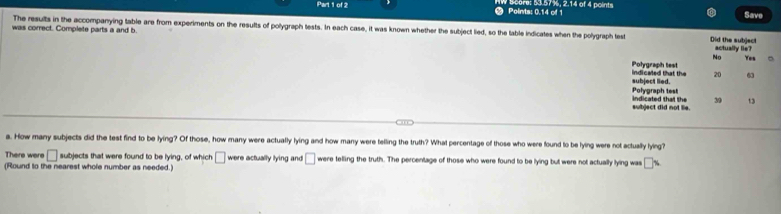 ● Points: 0.14 of 1 5r: 53.57%, 2.14 of 4 points
Save
The results in the accompanying table are from experiments on the results of polygraph tests. In each case, it was known whether the subject lied, so the table indicates when the polygraph test
was correct. Complete parts a and b. Did the subject actually lie?
No Yes
Polygraph test indicaled that the 20 63
Polygraph test subject lied.
39 13
indicated that the subject did not lie.
a. How many subjects did the test find to be lying? Of those, how many were actually lying and how many were telling the truth? What percentage of those who were found to be lying were not actually lying?
There were □ subjects that were found to be lying, of which □
(Round to the nearest whole number as needed.) were actually lying and □ were telling the truth. The percentage of those who were found to be lying but were not actually lying was □ %