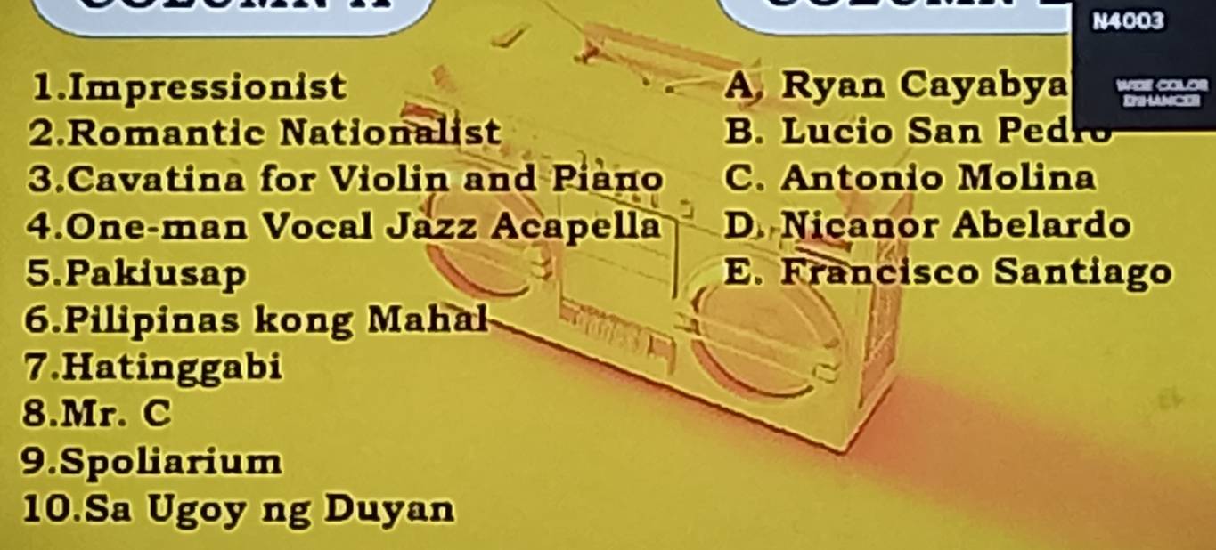 N4003
1.Impressionist A Ryan Cayabya war cala
EPHANCE
2.Romantic Nationalist B. Lucio San Pedro
3.Cavatina for Violin and Piano C. Antonio Molina
4.One-man Vocal Jazz Acapella D. Nicanor Abelardo
5.Pakiusap E. Francisco Santiago
6.Pilipinas kong Mahal
7.Hatinggabi
8.Mr. C
9.Spoliarium
10.Sa Ugoy ng Duyan