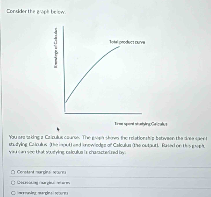 Consider the graph below.
5
Total product curve
Time spent studying Calculus
You are taking a Calculus course. The graph shows the relationship between the time spent
studying Calculus (the input) and knowledge of Calculus (the output). Based on this graph,
you can see that studying calculus is characterized by:
Constant marginal returns
Decreasing marginal returns
Increasing marginal returns