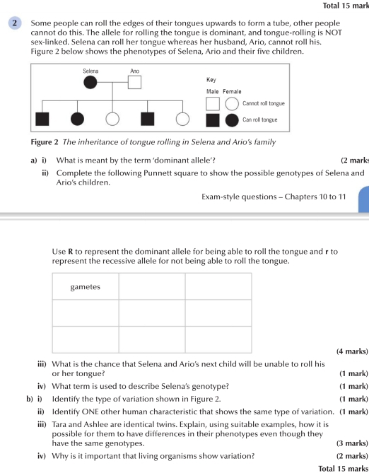 Total 15 mark 
2 Some people can roll the edges of their tongues upwards to form a tube, other people 
cannot do this. The allele for rolling the tongue is dominant, and tongue-rolling is NOT 
sex-linked. Selena can roll her tongue whereas her husband, Ario, cannot roll his. 
Figure 2 below shows the phenotypes of Selena, Ario and their five children. 
Figure 2 The inheritance of tongue rolling in Selena and Ario's family 
a) i) What is meant by the term ‘dominant allele’? (2 marks 
ii) Complete the following Punnett square to show the possible genotypes of Selena and 
Ario's children. 
Exam-style questions - Chapters 10 to 11
Use R to represent the dominant allele for being able to roll the tongue and r to 
represent the recessive allele for not being able to roll the tongue. 
(4 marks) 
iii) What is the chance that Selena and Ario's next child will be unable to roll his 
or her tongue? (1 mark) 
iv) What term is used to describe Selena's genotype? (1 mark) 
b) i) Identify the type of variation shown in Figure 2. (1 mark) 
ii) Identify ONE other human characteristic that shows the same type of variation. (1 mark) 
iii) Tara and Ashlee are identical twins. Explain, using suitable examples, how it is 
possible for them to have differences in their phenotypes even though they 
have the same genotypes. (3 marks) 
iv) Why is it important that living organisms show variation? (2 marks) 
Total 15 marks