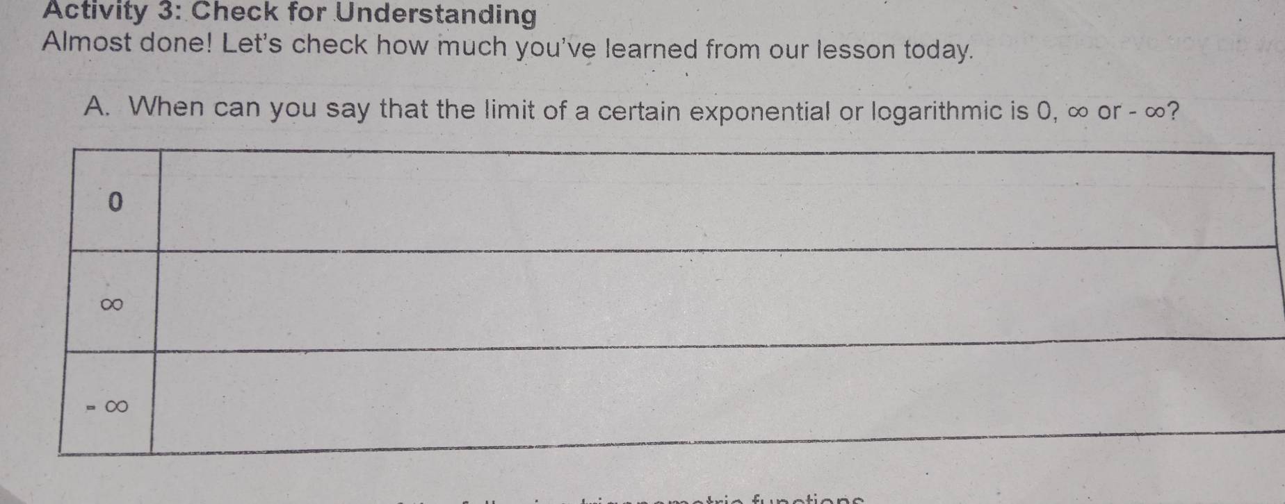 Activity 3: Check for Understanding 
Almost done! Let's check how much you've learned from our lesson today. 
A. When can you say that the limit of a certain exponential or logarithmic is 0, ∞ or - ∞?