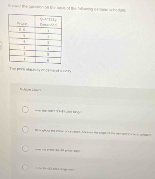 Answer the question on the basis of the following demand schedule.
The price elasticity of demand is unity
Multiple Choice
over the entire $3-$1 price range.
throughout the entire price range, because the slope of the demand curve is constant.
over the entire $6-$4 price range.
in the $4-$3 price range only