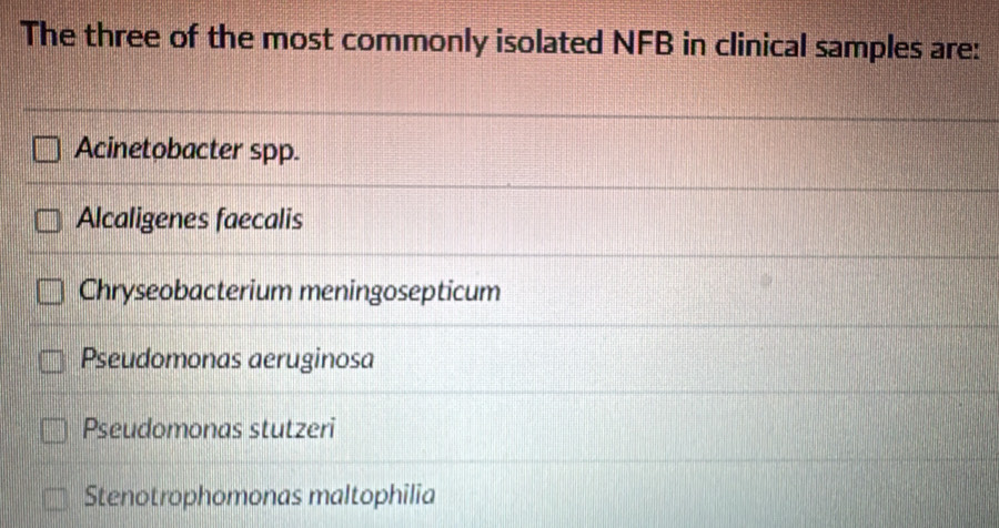 The three of the most commonly isolated NFB in clinical samples are:
Acinetobacter spp.
Alcaligenes faecalis
Chryseobacterium meningosepticum
Pseudomonas aeruginosa
Pseudomonas stutzeri
Stenotrophomonas maltophilia