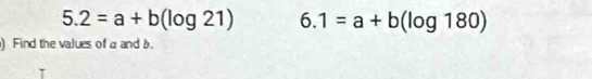 5.2=a+b(log 21) 6.1=a+b(log 180)
) Find the values of a and b.