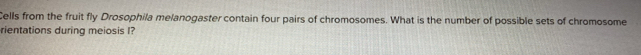 Cells from the fruit fly Drosophila melanogaster contain four pairs of chromosomes. What is the number of possible sets of chromosome 
rientations during meiosis I?