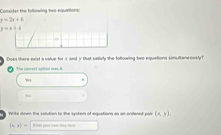 Consider the following two equations:
y=2x+6
y=x+4
-10
Does there exist a value for x and y that satisfy the following two equations simultaneously?
The correct option was A
Yes A
No
6
c Write down the solution to the system of equations as an ordered pair (x,y).
(x,y)= Enter your next step here