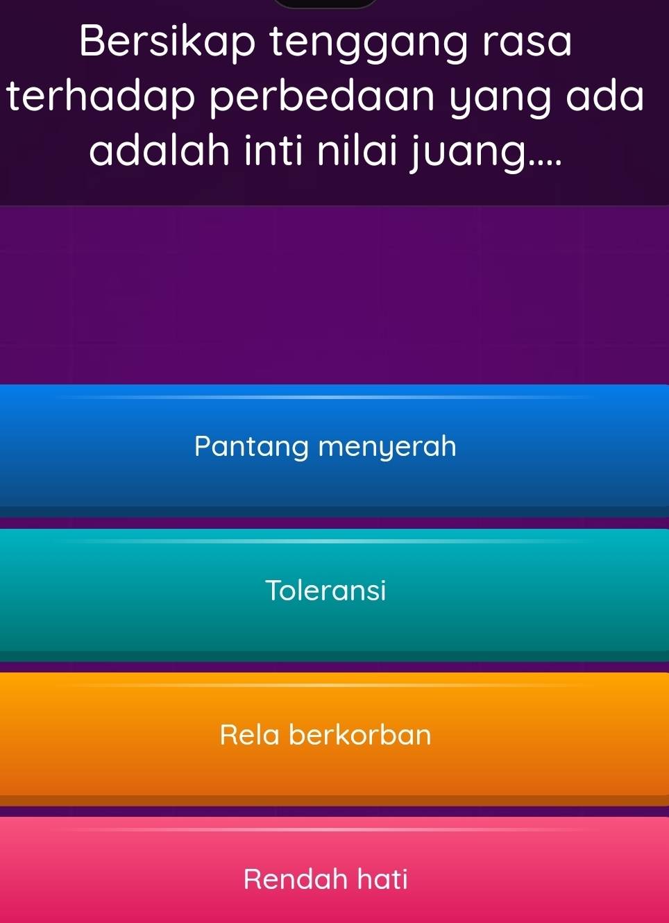 Bersikap tenggang rasa
terhadap perbedaan yang ada
adalah inti nilai juang....
Pantang menyerah
Toleransi
Rela berkorban
Rendah hati