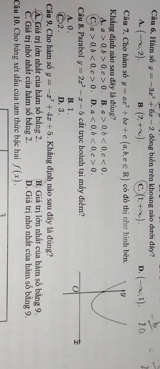 Hàm số y=-3x^2+6x-2 đồng biến trên khoảng nào dưới đây?
A. (-∈fty ;2). (2,+∈fty ). (1;+∈fty ). (-∈fty ;1). 
B.
C.
D.
Câu 7. Cho hàm số y=ax^2+bx+c(a,b,c∈ R) có đồ thị như hình bên.
Khẳng định nào sau đây là đúng?
A. a>0, b>0, c>0. B. a>0, b<0</tex>, c<0</tex>.
C. a>0, b<0</tex>, c>0 D. a<0</tex>, b<0</tex>, c>0. 
Câu 8. Parabol y=2x^2-x-5 cắt trục hoành tại mấy điểm?
A. 0. B. 1.
C 2. D. 3.
Câu 9. Cho hàm số y=-x^2+4x+5 Khẳng định nào sau đây là đúng?
A. Giá trị lớn nhất của hàm số bằng 2. B. Giá trị lớn nhất của hàm số bằng 9.
C. Giá trị nhỏ nhất của hàm số bằng 2. D. Giá trị nhỏ nhất của hàm số bằng 9.
Câu 10. Cho bảng xét dấu của tam thức bậc hai f(x). 
3