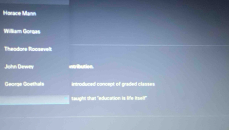 Horace Mann
William Gorgas
Theodore Roosevelt
John Dewey Intribution.
George Goethals introduced concept of graded classes
taught that "education is life itself"