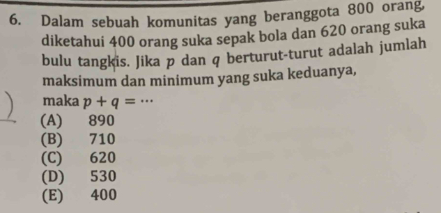 Dalam sebuah komunitas yang beranggota 800 orang
diketahui 400 orang suka sepak bola dan 620 orang suka
bulu tangkis. Jika p dan q berturut-turut adalah jumlah
maksimum dan minimum yang suka keduanya,
maka p+q= _
(A) 890
(B) 710
(C) 620
(D) 530
(E) 400