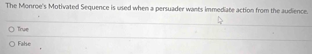 The Monroe's Motivated Sequence is used when a persuader wants immediate action from the audience.
True
False