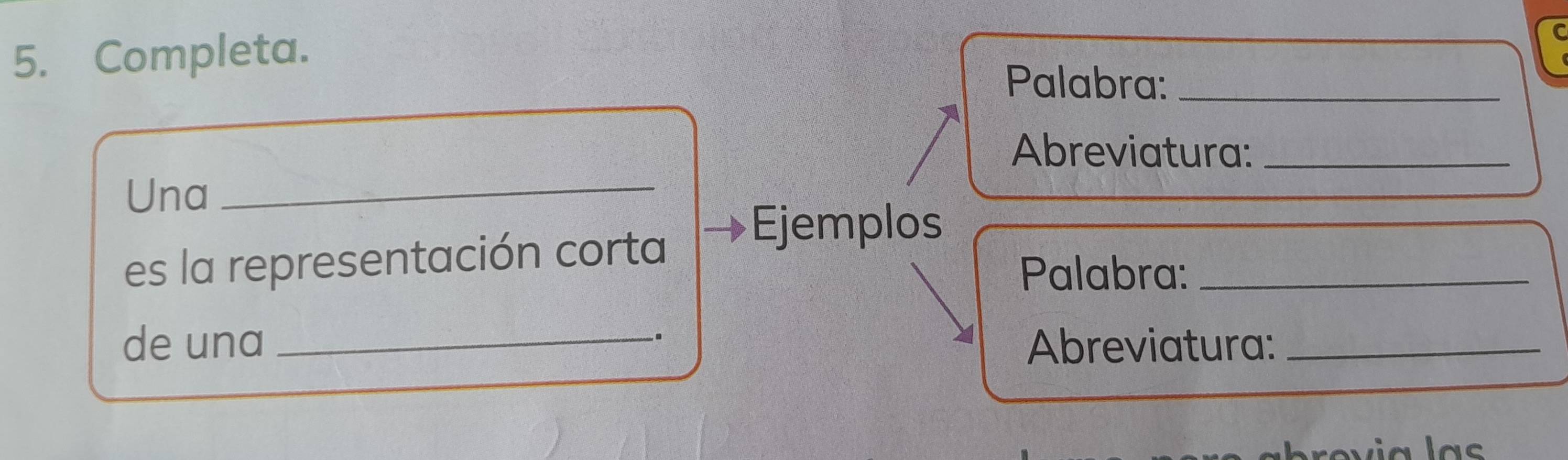 Completa. 
Palabra:_ 
Abreviatura:_ 
Una_ 
es la representación corta Ejemplos_ 
Palabra: 
. 
de una _Abreviatura:_ 
alas