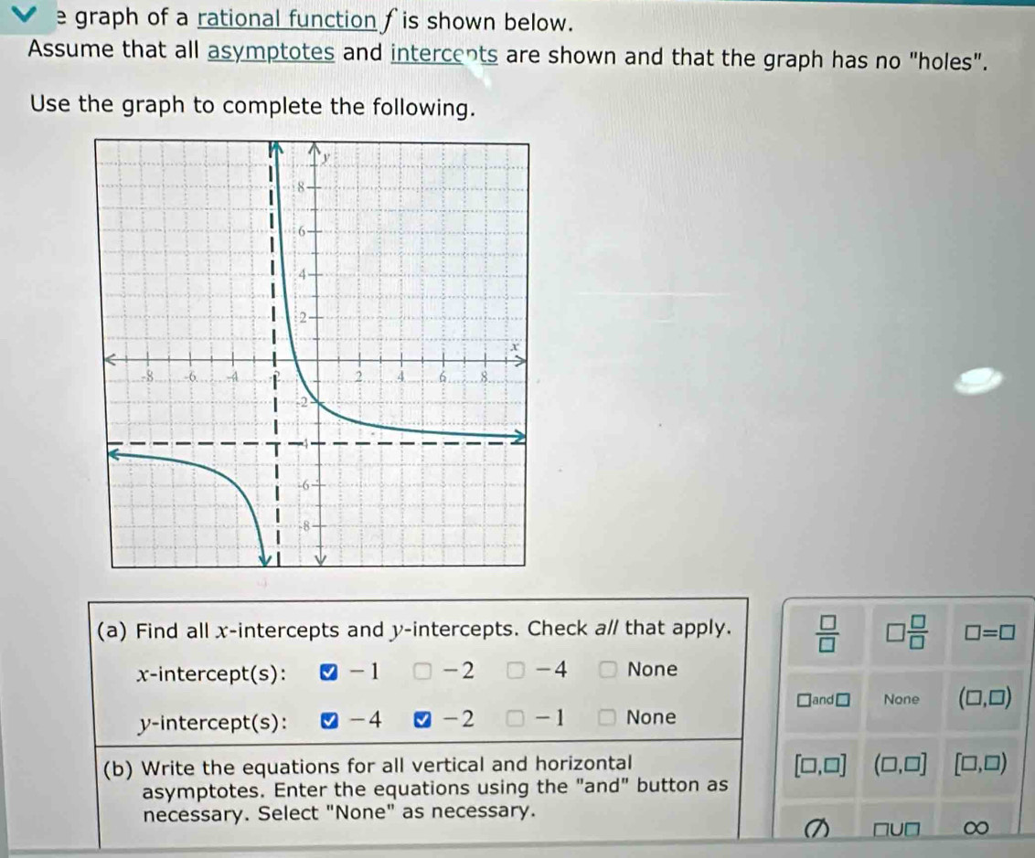 graph of a rational function fis shown below.
Assume that all asymptotes and intercents are shown and that the graph has no "holes".
Use the graph to complete the following.
(a) Find all x-intercepts and y-intercepts. Check a// that apply.  □ /□   □  □ /□   □ =□
x-intercept(s): - 1 -2 -4 None
□and□ None (□ ,□ )
y-intercept(s): sqrt() -4 -2 - 1 None
(b) Write the equations for all vertical and horizontal
[□ ,□ ] (□ ,□ ] [□ ,□ )
asymptotes. Enter the equations using the "and" button as
necessary. Select "None" as necessary.
□ U□ ∞