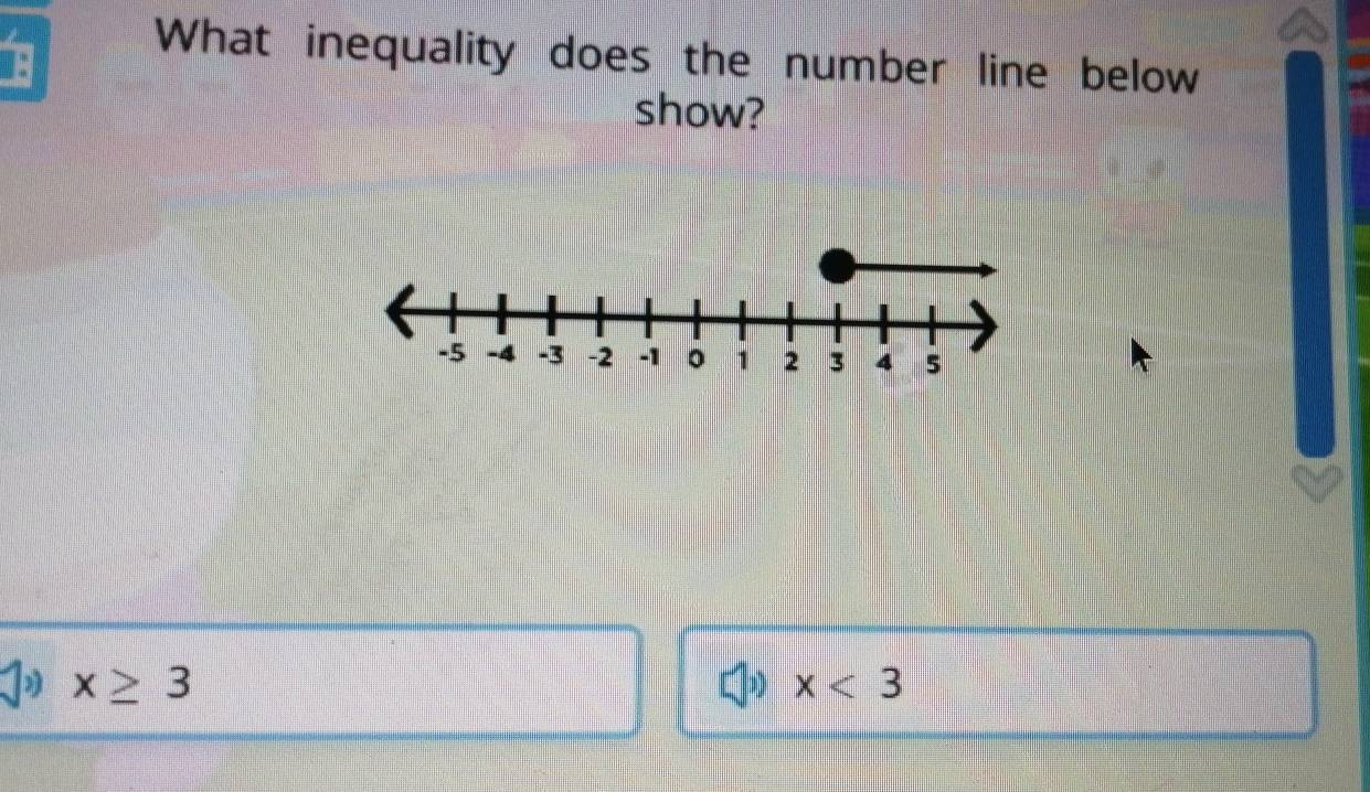 What inequality does the number line below 
show?
x≥ 3
x<3</tex>