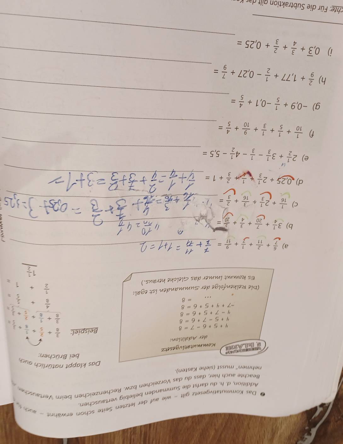Das Kommutativgesetz gilt - wie auf der letzten Seite schon erwähnt - auc  
Addition, d. h. du darfst die Summanden beliebig vertauschen.
Beachte auch hier, dass du das Vorzeichen bzw. Rechenzeichen beim Vertausche 
nehmen" musst (siehe Kasten).
Das klappt natürlic  auch
bei Brüchen:
        
Kommutativgesetz
der Addition:
4+5+6-7=8
Beispiel:  3/8 + 2/5 + 1/8 + 3/5 =
4+5-7+6=8
4-7+5+6=8
-7+4+5+6=8
 3/8 + 1/8 + 2/5 + 3/5 
=8
 4/3 + 5/5 =
(Die Reihenfolge der Summanden ist egal:
Es kommt immer das Gleiche heraus.)
 1/2 +1=
_ 1 1/2 
a)  6/7 + 2/11 + 1/7 + 9/11 = _
b) 3 1/4 + 7/20 + 3/4 + 3/20 = _
c)  1/16 +2 1/3 + 3/16 + 2/3 = _
_
d) 0,25+2 1/3 + 1/4 + 2/3 +1=
_
e) 2 1/2 +3 1/3 - 1/3 -4 1/2 -5,5=
_
f)  1/10 + 1/5 + 1/3 + 9/10 + 4/5 =
_
g) -0,9+ 1/5 -0,1+ 4/5 =
_
h)  2/9 +1,77+ 1/2 -0,27+ 7/9 =
_
i) 0,overline 3+ 3/4 + 2/3 +0,25=
_