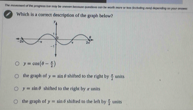 The movement of the progress bar may be uneven because questions can be worth more or less (including zera) depending on your answer
Which is a correct description of the graph below?
y=cos (θ - π /2 )
the graph of y=sin θ shifted to the right by  x/2  units
y=sin θ shifted to the right by x units
the graph of y=sin θ shifted to the left by  π /2  units