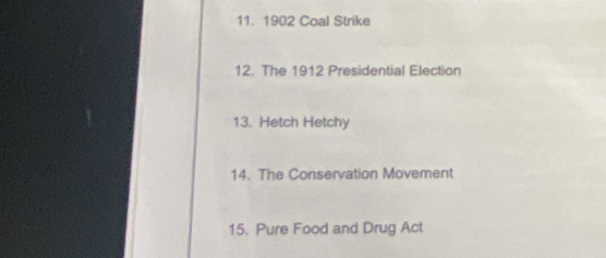 1902 Coal Strike 
12. The 1912 Presidential Election 
13. Hetch Hetchy 
14. The Conservation Movement 
15. Pure Food and Drug Act