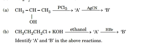 beginarrayr CH_3-CH-CH_3xrightarrow PCl_5'A'_ AgCN oHendarray B'
(b) CH_3CH_2CH_2Cl+KOHxrightarrow ethanolA^,xrightarrow HBrB'
Identify ‘ A ’ and ‘ B ’ in the above reactions.