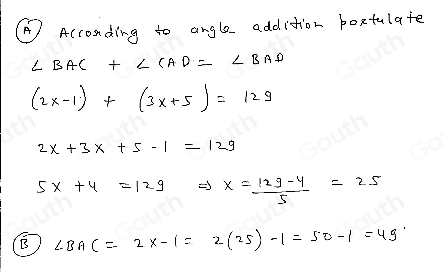 Solved: The figure shows adjacent angles BAC and CAD. Given: m∠ BAD=129 ...