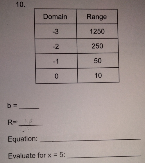 b= _
R= _ 
Equation:_ 
Evaluate for x=5 _