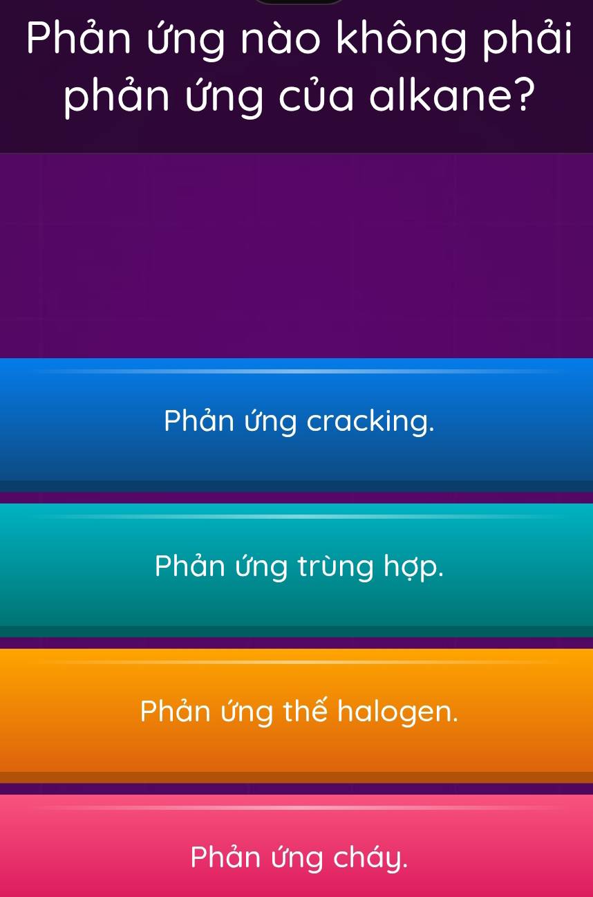 Phản ứng nào không phải
phản ứng của alkane?
Phản ứng cracking.
Phản ứng trùng hợp.
Phản ứng thế halogen.
Phản ứng cháy.