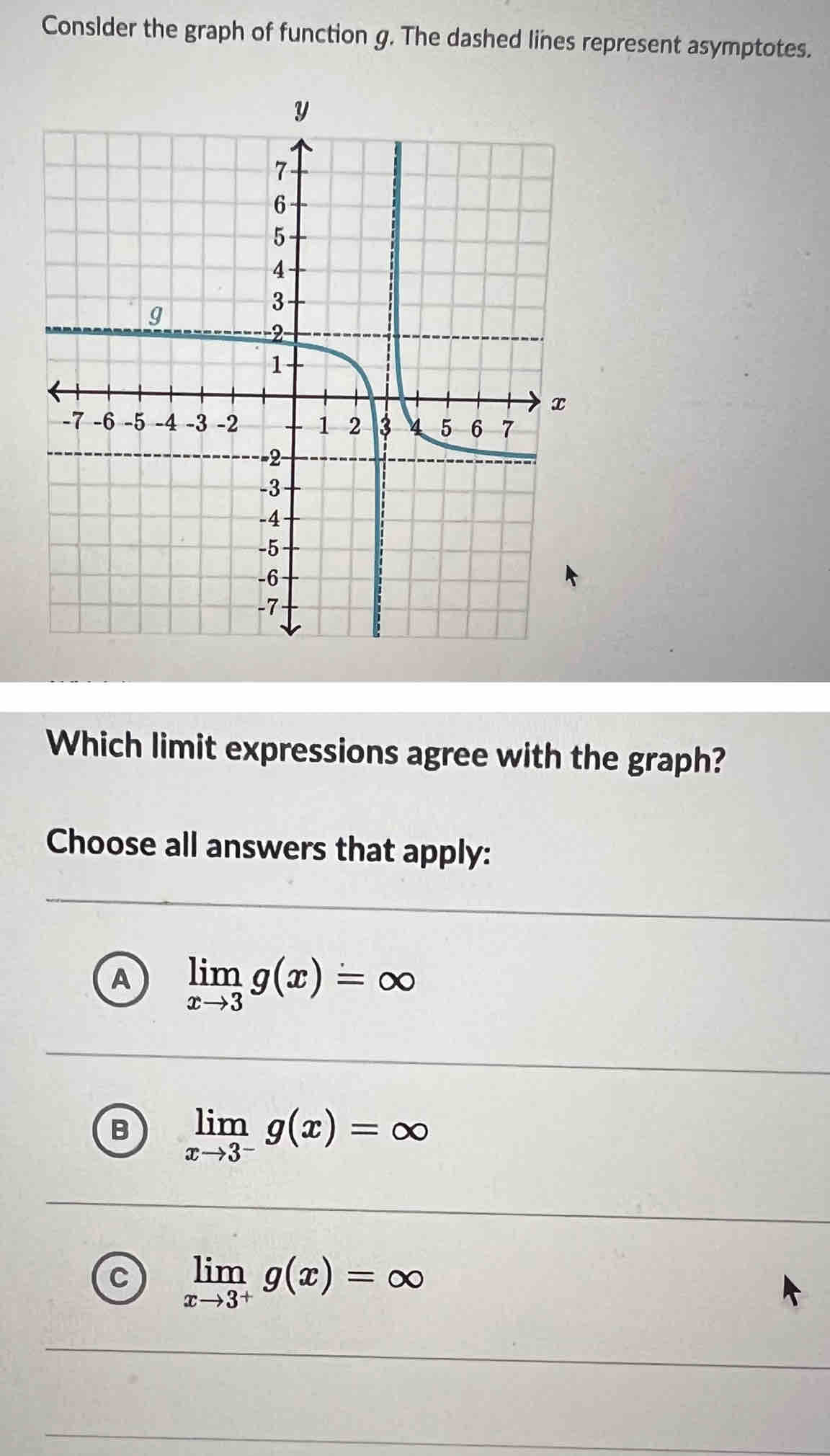 Conslder the graph of function g. The dashed lines represent asymptotes.
Which limit expressions agree with the graph?
Choose all answers that apply:
A limlimits _xto 3g(x)=∈fty
B limlimits _xto 3^-g(x)=∈fty
C limlimits _xto 3^+g(x)=∈fty