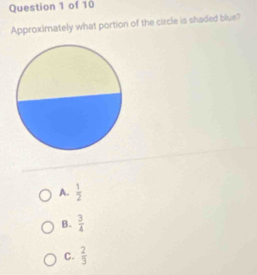 Approximately what portion of the circle is shaded blue?
A.  1/2 
B.  3/4 
C.  2/3 