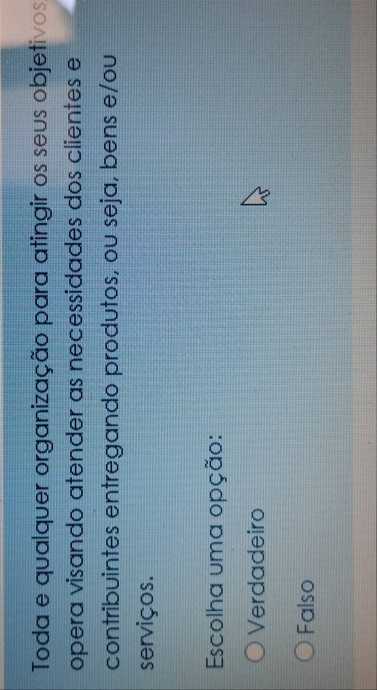 Toda e qualquer organização para atingir os seus objetivos
opera visando atender as necessidades dos clientes e
contribuintes entregando produtos, ou seja, bens e/ou
serviços.
Escolha uma opção:
Verdadeiro
Falso
