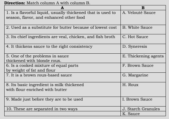 Direction: Match column A with column B. 
s 
K. Sauce