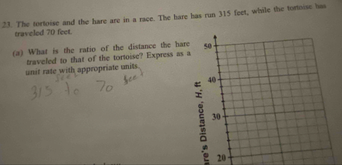 The tortoise and the hare are in a race. The hare has run 315 feet, while the tortoise has 
traveled 70 feet. 
(a) What is the ratio of the distance the har 
traveled to that of the tortoise? Express as 
unit rate with appropriate units. 
20