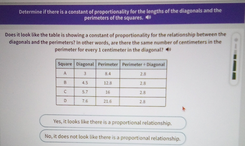 Determine if there is a constant of proportionality for the lengths of the diagonals and the
perimeters of the squares. 
Does it look like the table is showing a constant of proportionality for the relationship between the
diagonals and the perimeters? In other words, are there the same number of centimeters in the
perimeter for every 1 centimeter in the diagonal?
Yes, it looks like there is a proportional relationship.
No, it does not look like there is a proportional relationship.