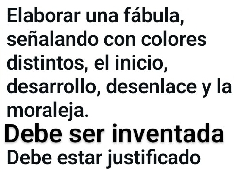 Elaborar una fábula, 
señalando con colores 
distintos, el inicio, 
desarrollo, desenlace y la 
moraleja. 
Debe ser inventada 
Debe estar justificado